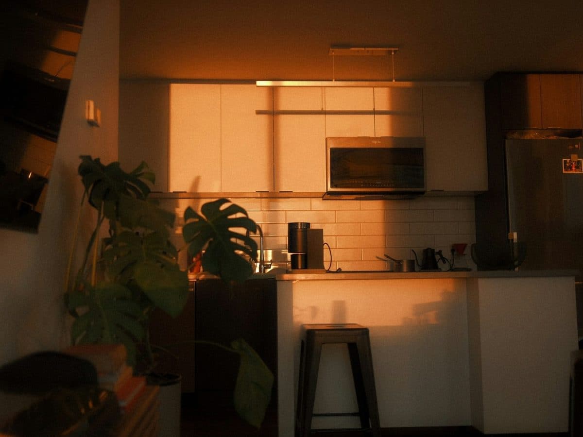 A kitchen lit by warm evening sun