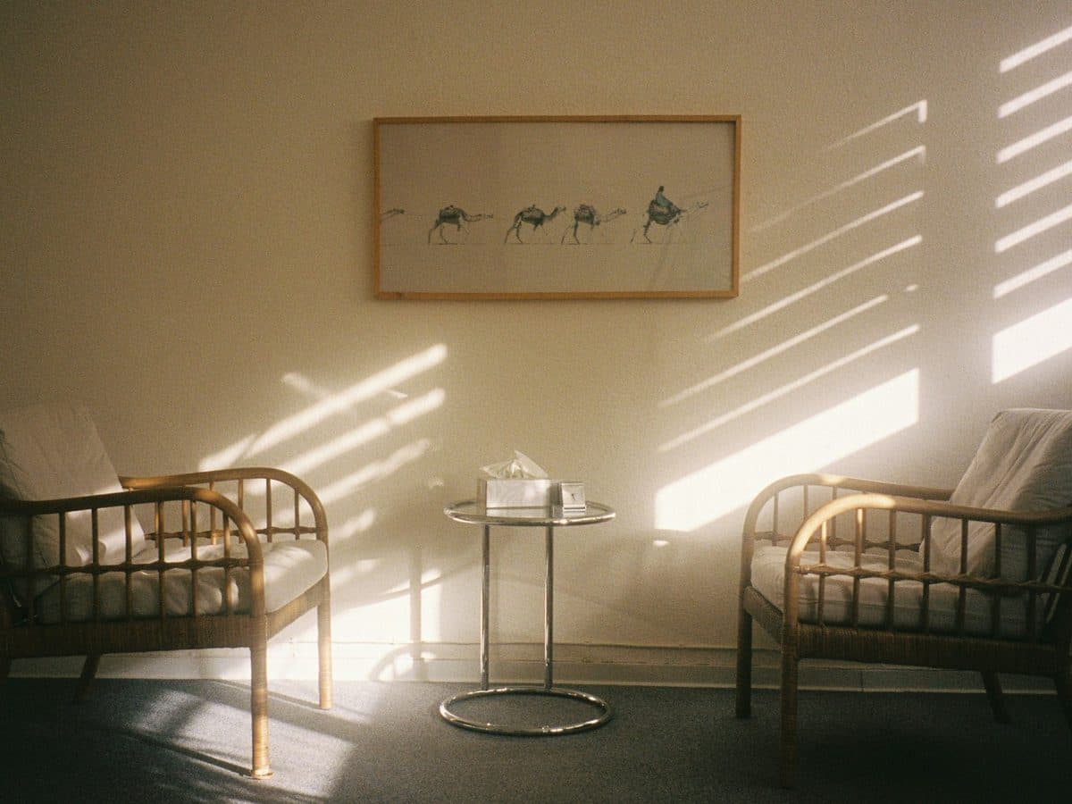 Two armchairs and a box of tissues in the late afternoon sun